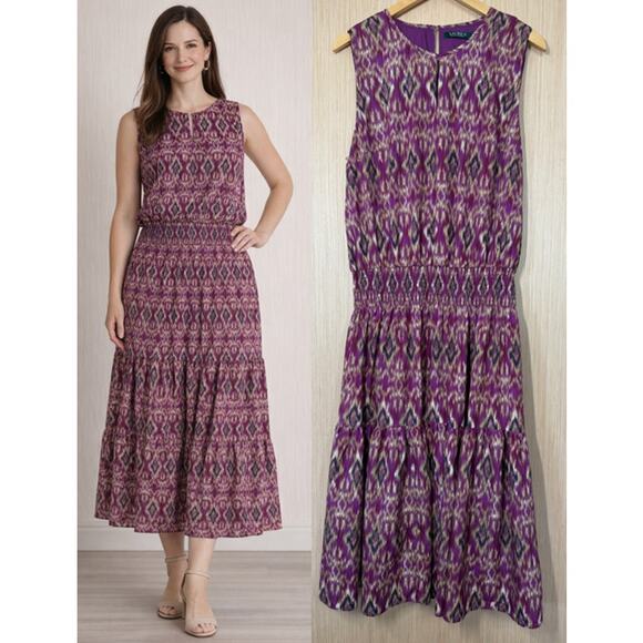 Lauren Ralph Lauren Dresses & Skirts - Lauren Ralph Lauren Ikat Blouson Smocked Tiered Midi Dress Size XL Sleeveless